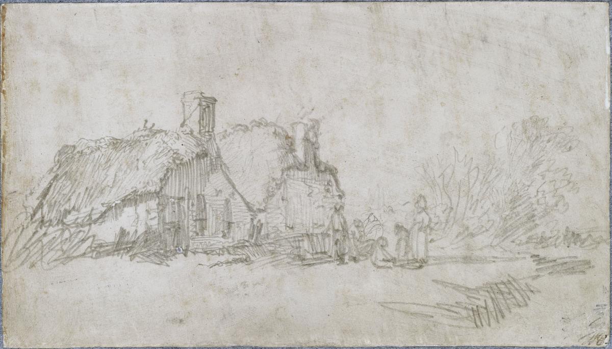 Landschaft mit zwei strohgedeckten Bauernhäusern