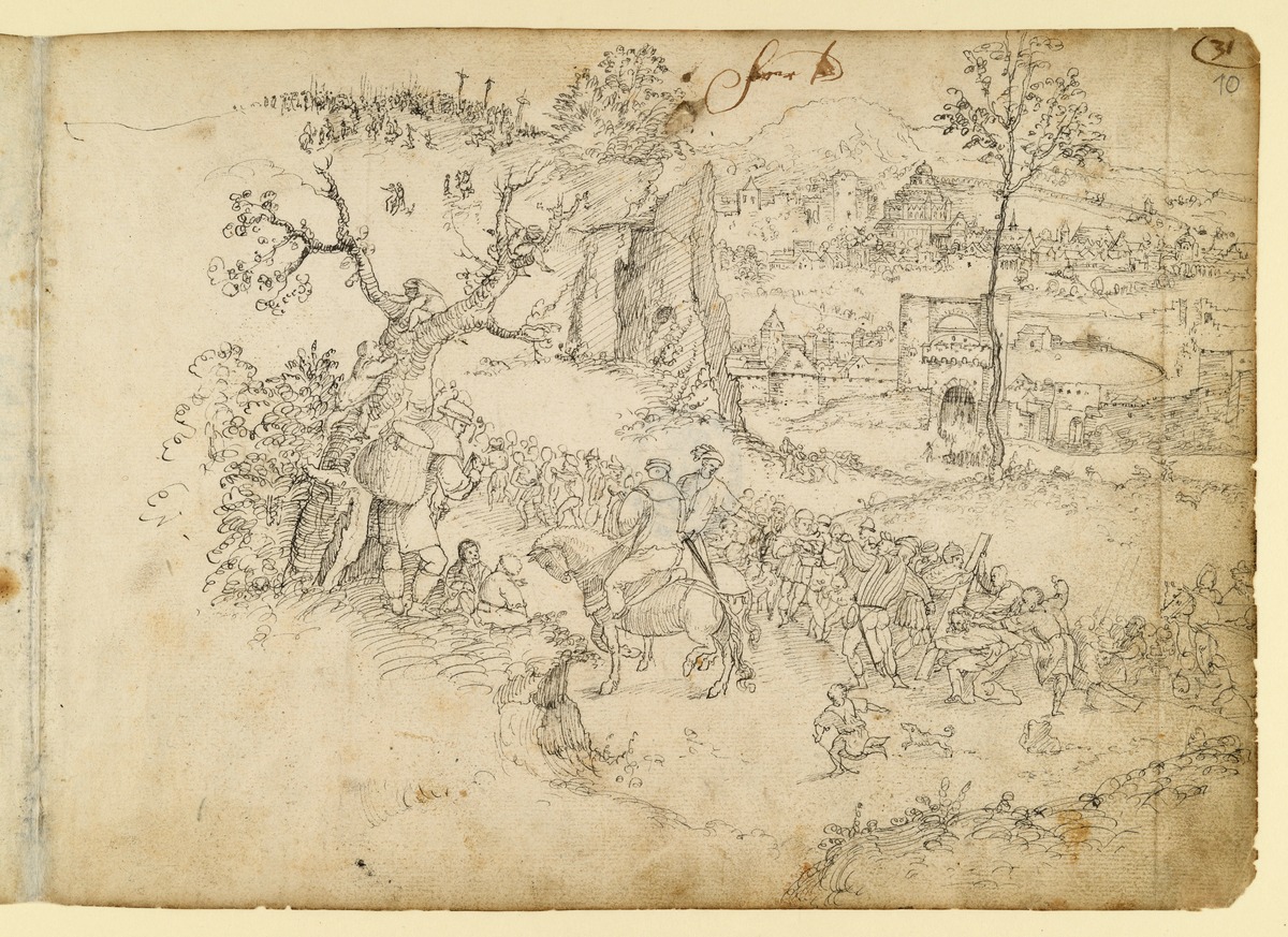 Aufstieg zum Kalvarienberg. Reiter und ziehende Menschenmenge in weiter Landschaft