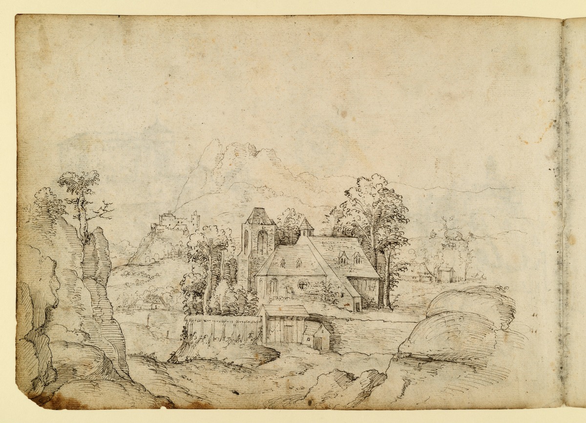 Landschaft mit Felsen und Kirche