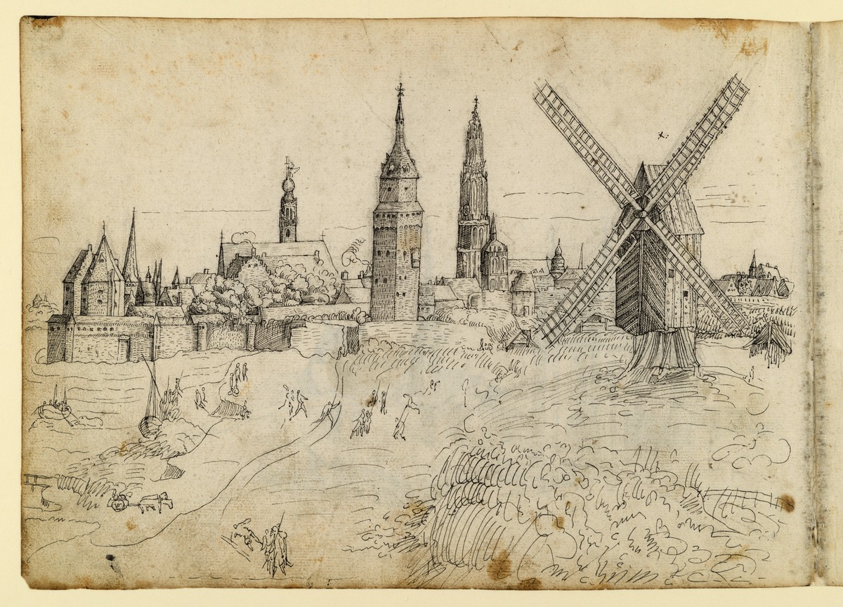Blick auf Antwerpen über die Schelde, vorn eine Windmühle (linke Hälfte)