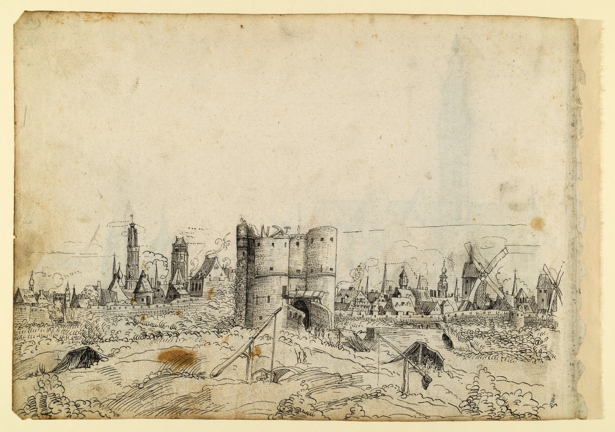 Blick auf eine Stadt mit Kirchtürmen, Windmühlen und großen Stadttoren (linke Hälfte)