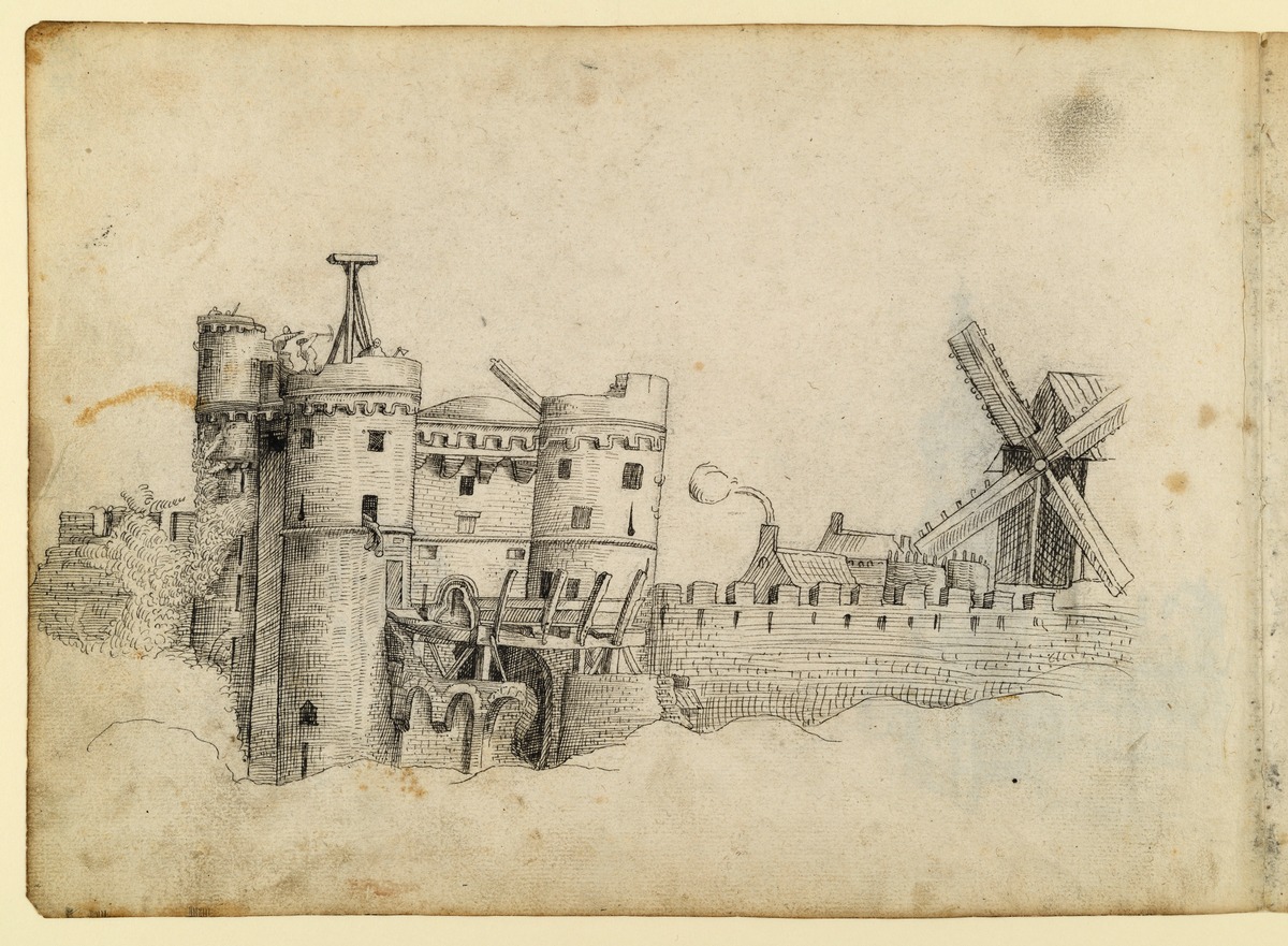 Blick auf eine Stadt mit kastellartigem Stadttor und Windmühle