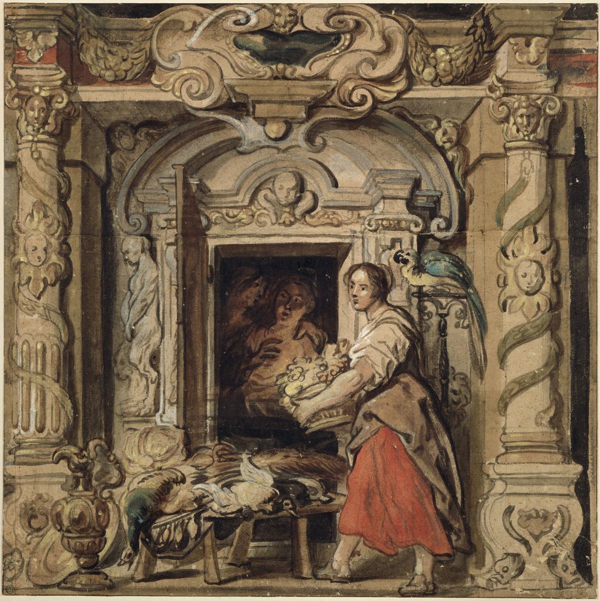 Mädchen mit Früchtekorb vor einer offenen Tür mit einem Liebespaar, Vorzeichnung für die gleichnamige Tapisserie, Blatt 8 aus: Szenen aus dem Landleben