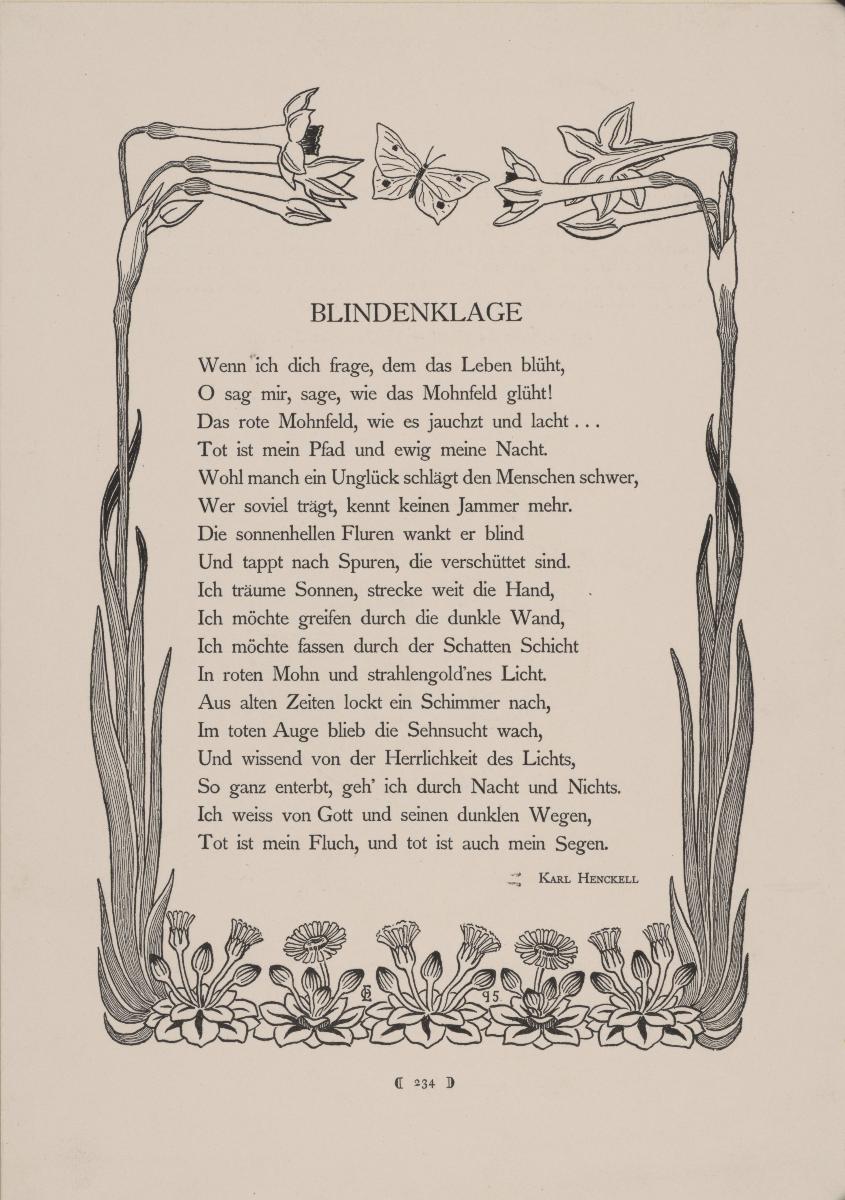 Umrahmung Gedicht Blindenklage von Karl Henkell (in PAN Heft 4/1996, S. 234)