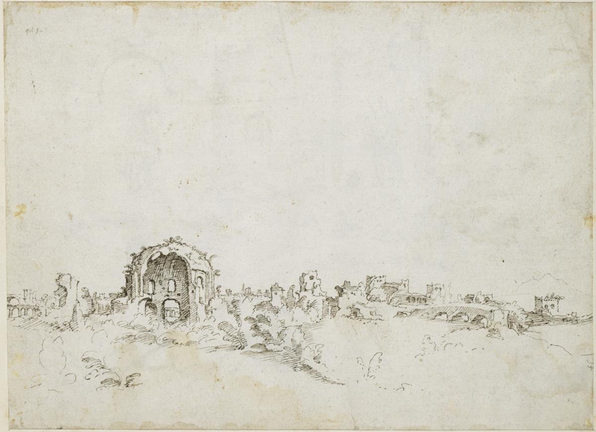 Blick von der Minerva Medica zur Porta Maggiore (linke Hälfte zu fol. 40 recto)