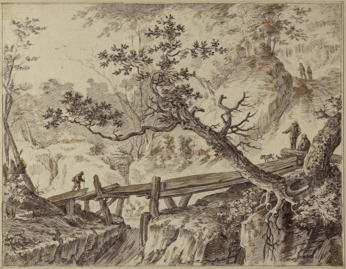Gebirgslandschaft mit Brücke, stürzendem Bach und Wäldern