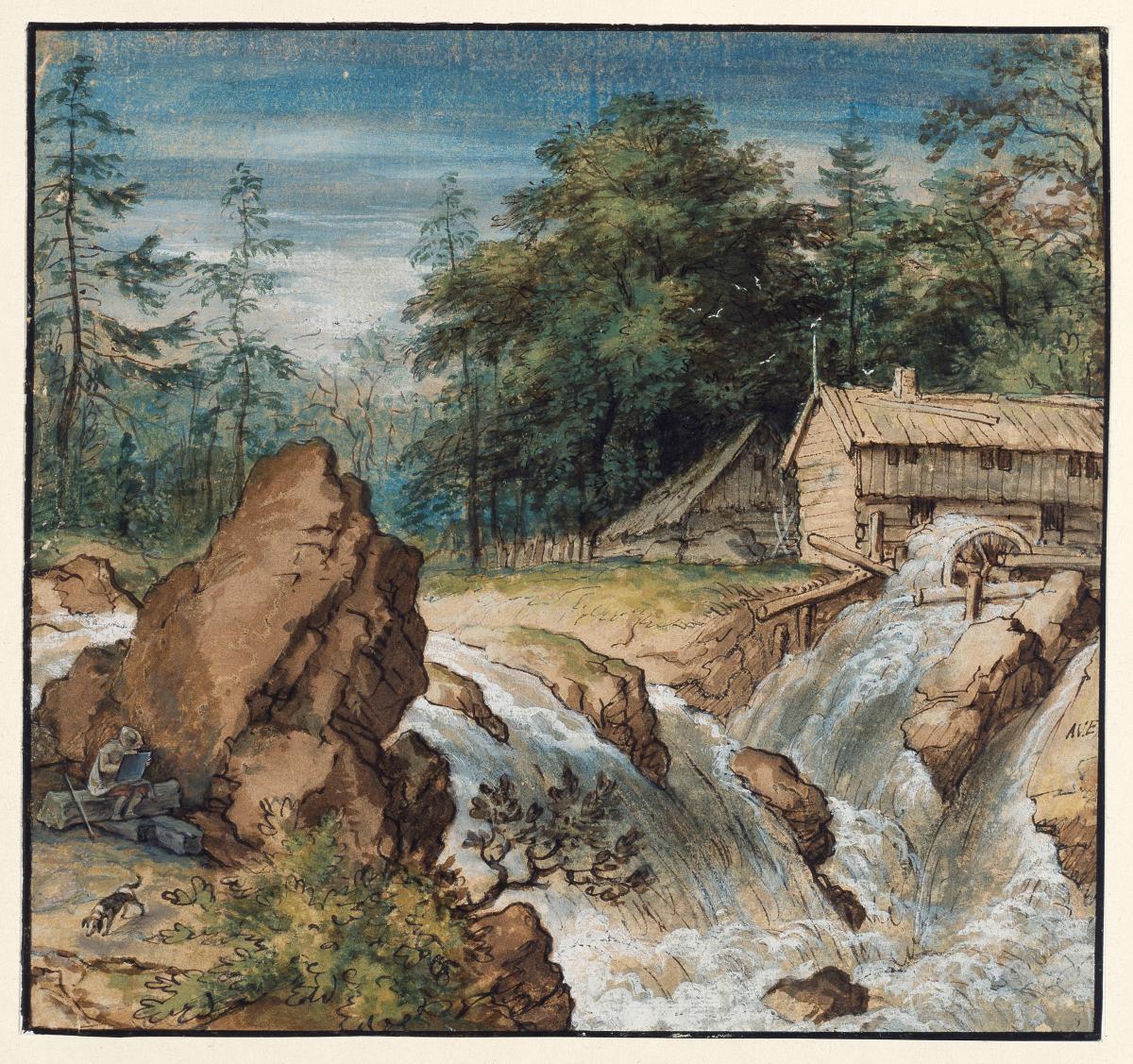 Nordische Landschaft mit einem Zeichner bei einem Wasserfall