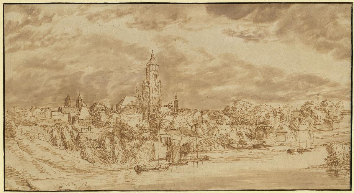 Ansicht einer am jenseitigen Ufer eines Flusses gelegenen Stadt