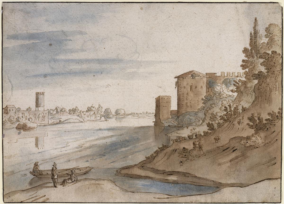 Italienische Flusslandschaft mit Fortifikation