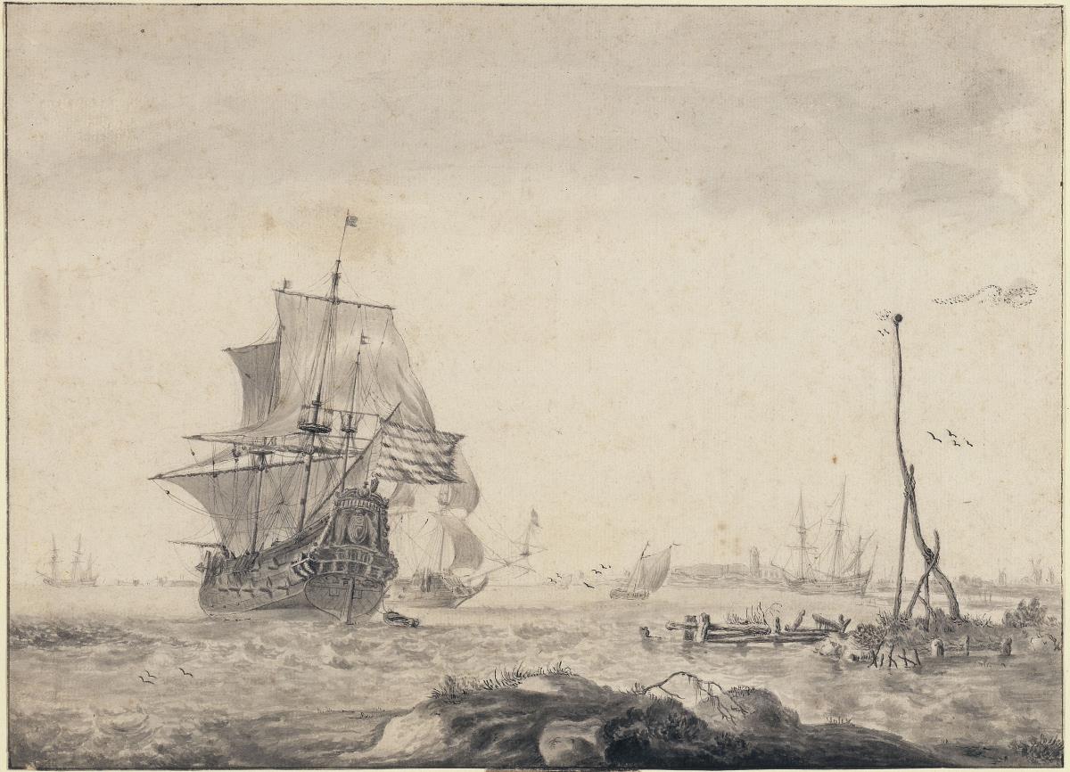 Segelschiffe nahe einer Küstenstadt
