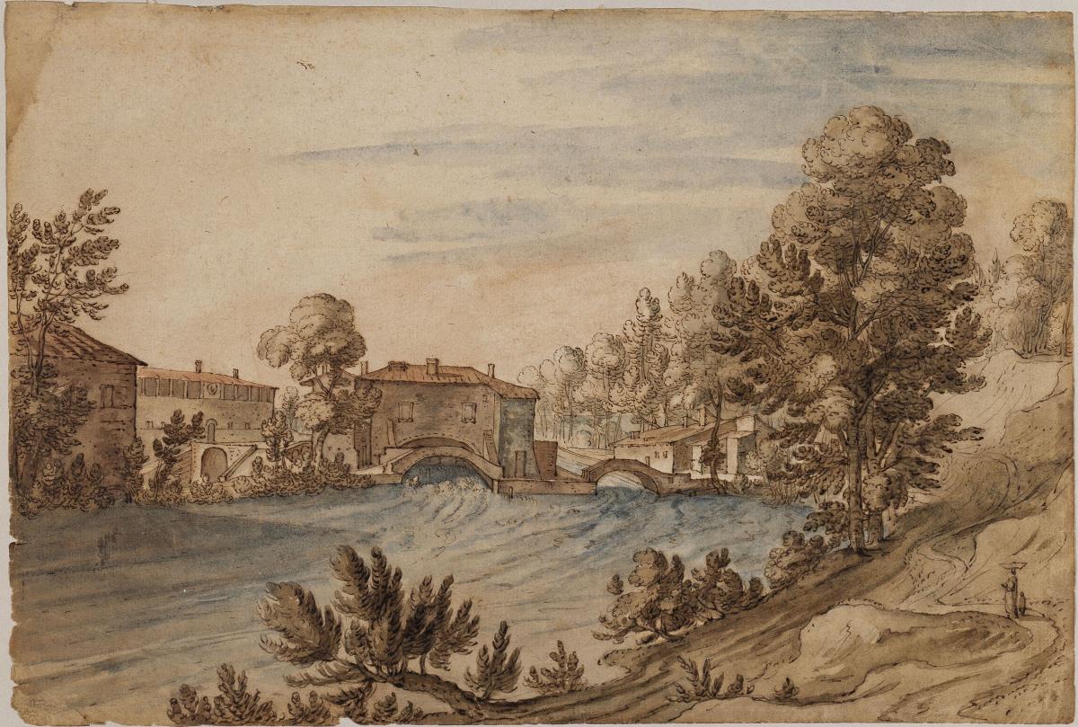 Italienische Flusslandschaft mit Wassermühle