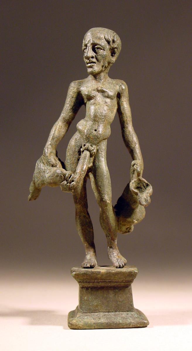 Statuette eines Buckligen mit zwei Enten und Krug
