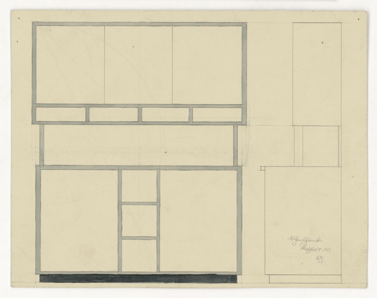 Küchenschrank, Vorder- u. Seitenansicht (Möbelentwürfe, Körpermöbel, Schränke)