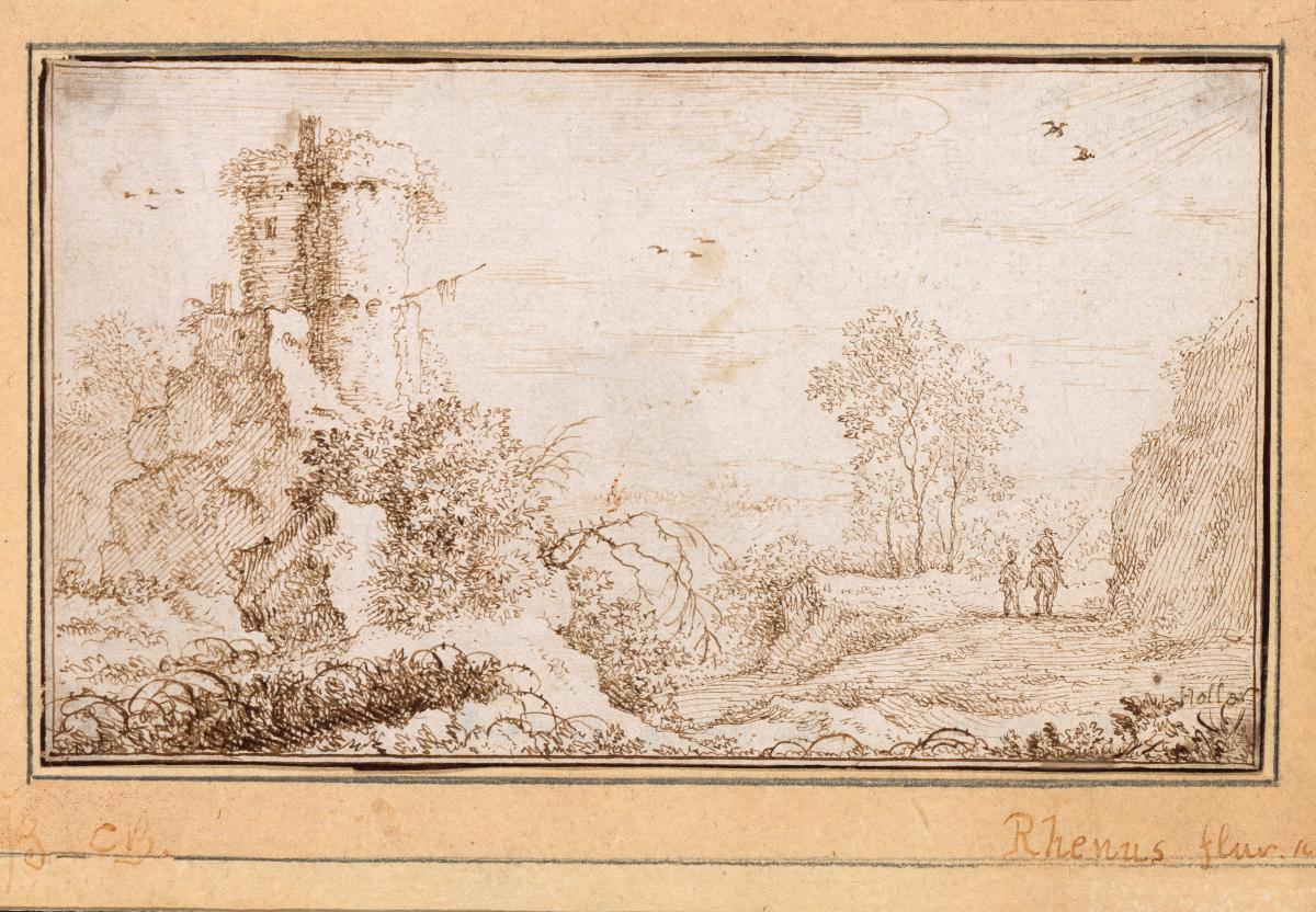 Landschaft mit Burgruine und Reisenden