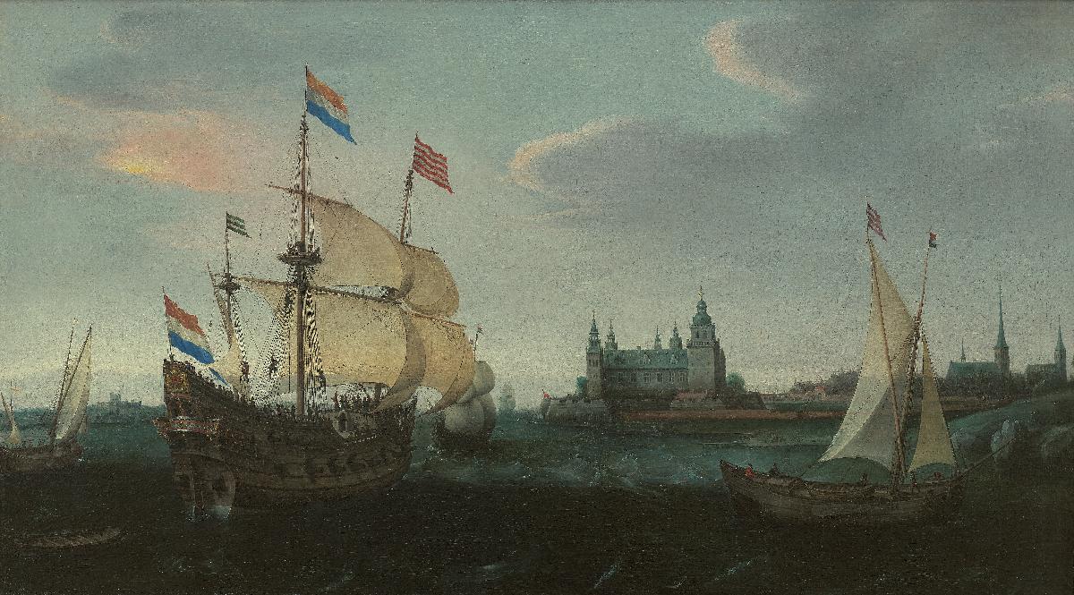 Holländische Schiffe im dänischen Sund vor Schloß Kronborg