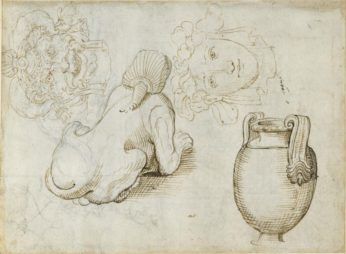 Sphinx. Vase. Zwei Masken