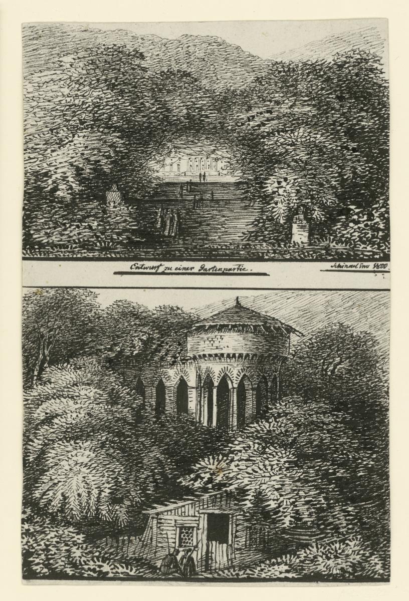 Entwurf zu einer Gartenpatie mit gotischer Ruine, zwei Ansichten