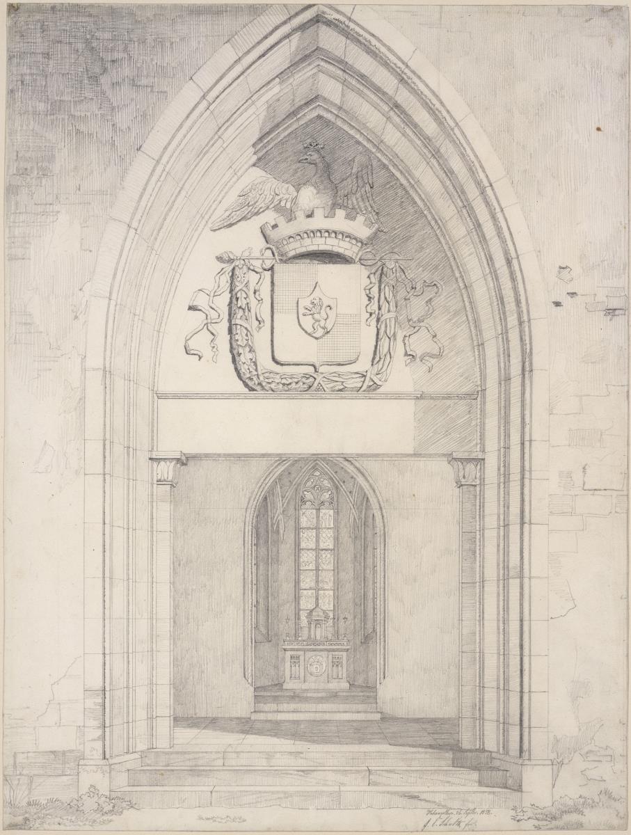 Das Portal der Schlosskapelle auf Burg Hohenzollern und Blick in das Innere