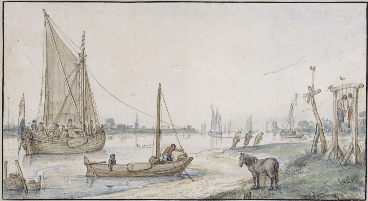 Flusslandschaft, mit getreideltem Segelschiff, vorn rechts Galgen mit zwei Gehenkten