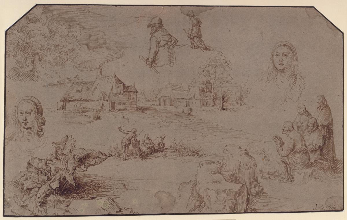 Skizzenblatt mit Landschaften und Figuren