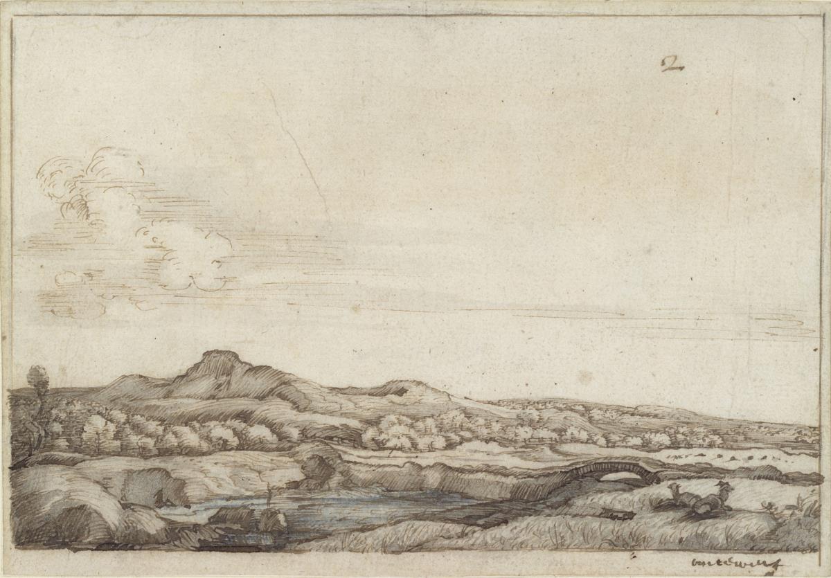 Flachlandschaft mit Brücke über einen Fluss
