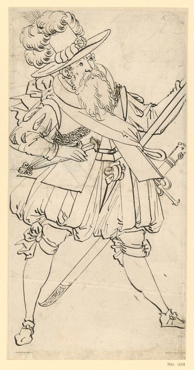 Ein Krieger in reicher Kleidung, grätschbeinig dastehend, die R. in die Seite gestemmt, mit der L. den Schaft einer Lanze haltend