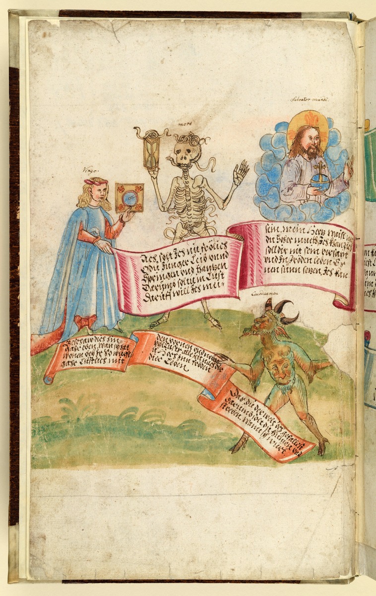 Totentanz für Wilhelm Werner, Graf zu Zimmern - Teufel, Jungfrau, Tod und Salvator mundi mit Spruchbändern