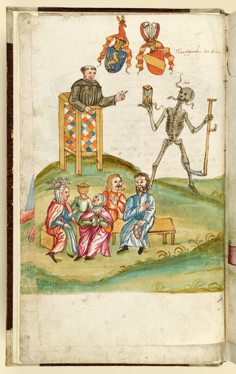 Totentanz für Wilhelm Werner, Graf zu Zimmern - Ein Mönch predigt im Freien auf einer Kanzel. Vor Ihm erscheint der Tod mit Sense und Stundenglas. Zwei Wappen mit Beischrift: Markgrafen von Baden