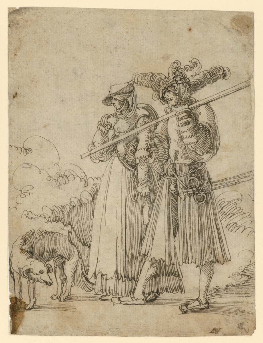 Landsknecht und Marketenderin mit einem Hunde