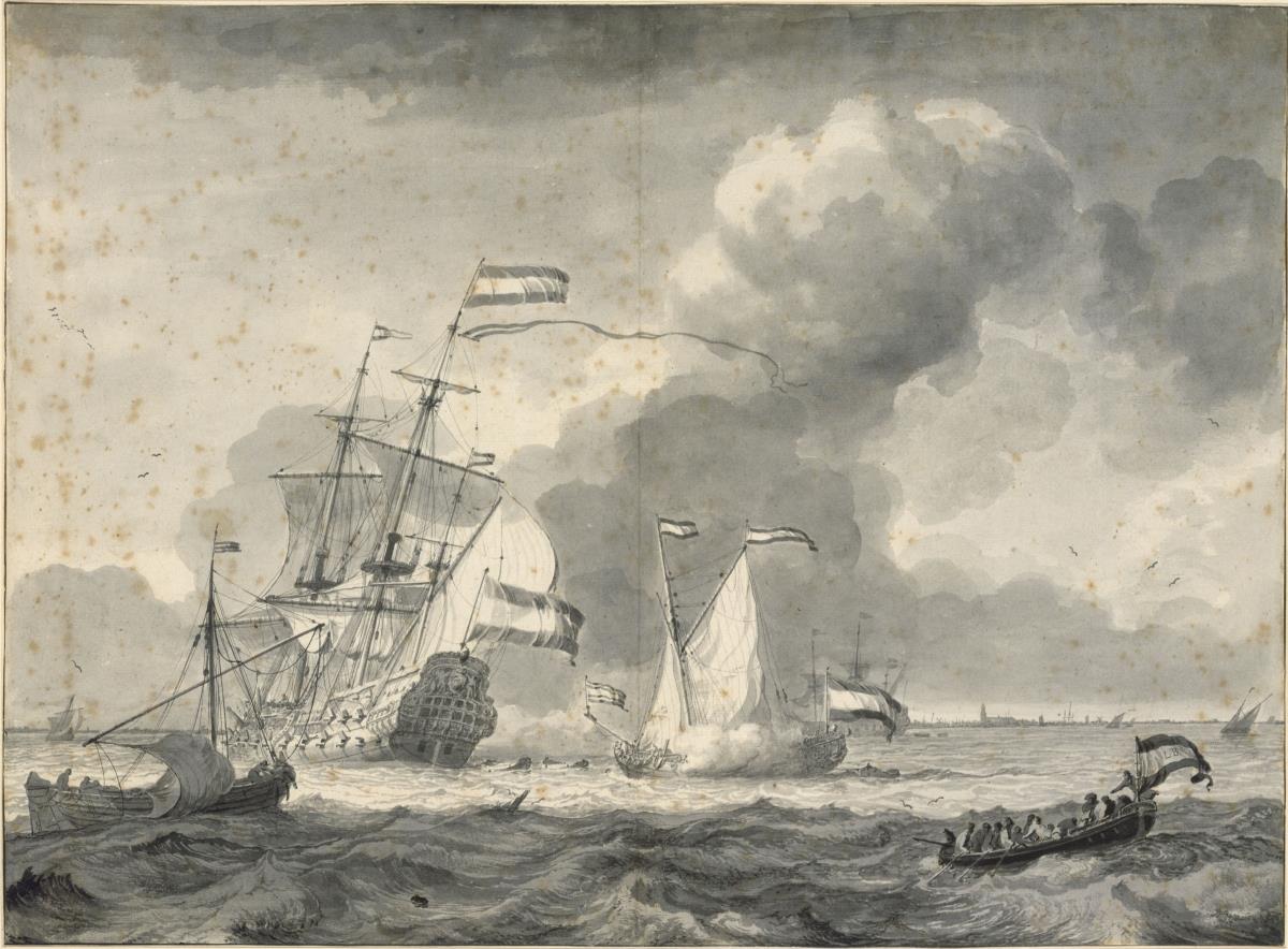 Salut feuernde Jacht und ein Kriegsschiff vor der Küste