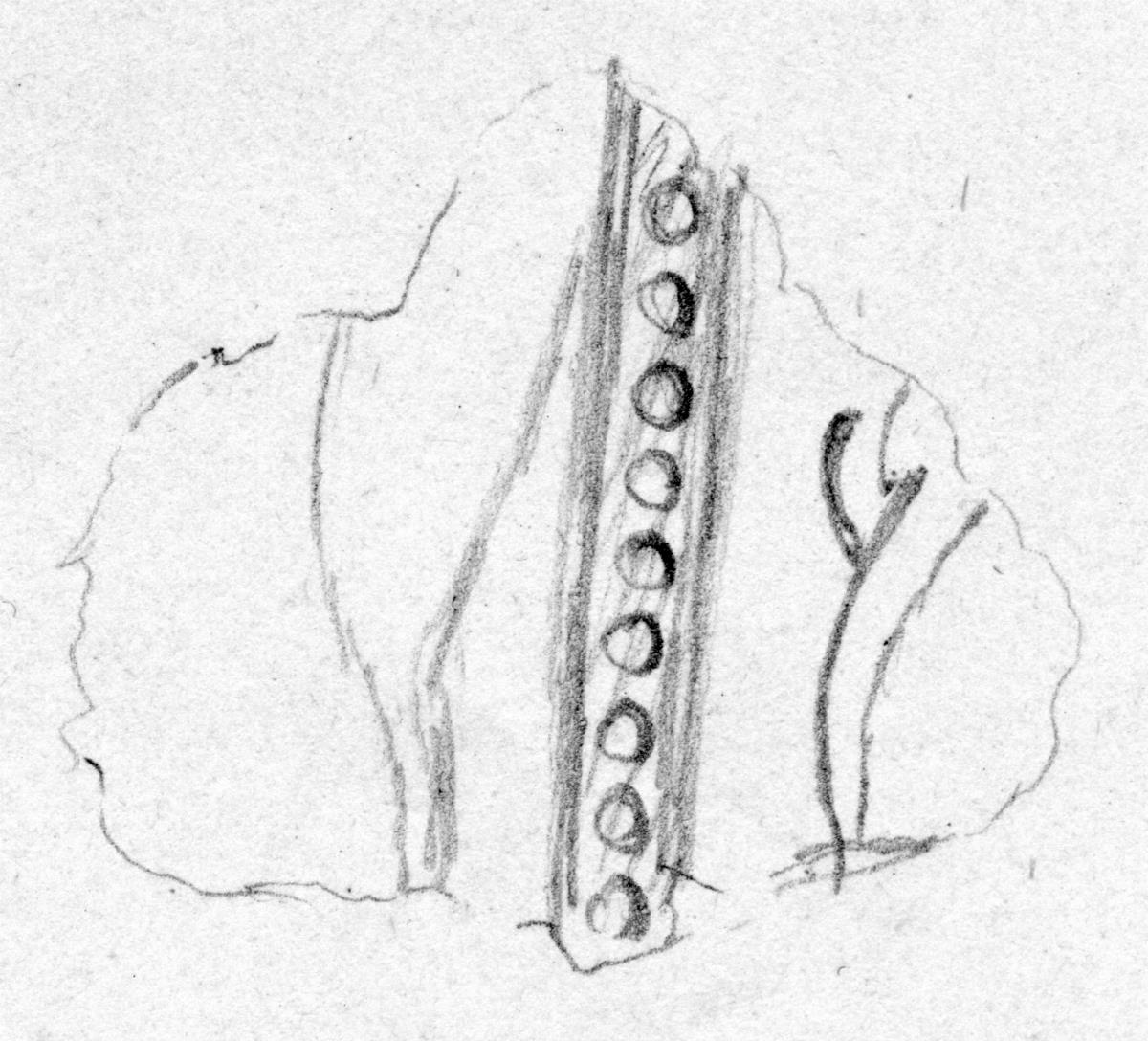 Fragment eines Blechs. Von der Darstellung erkennt man links die Hinterbeine eines stehenden Löwen, rechts eine Punktreihe, ...