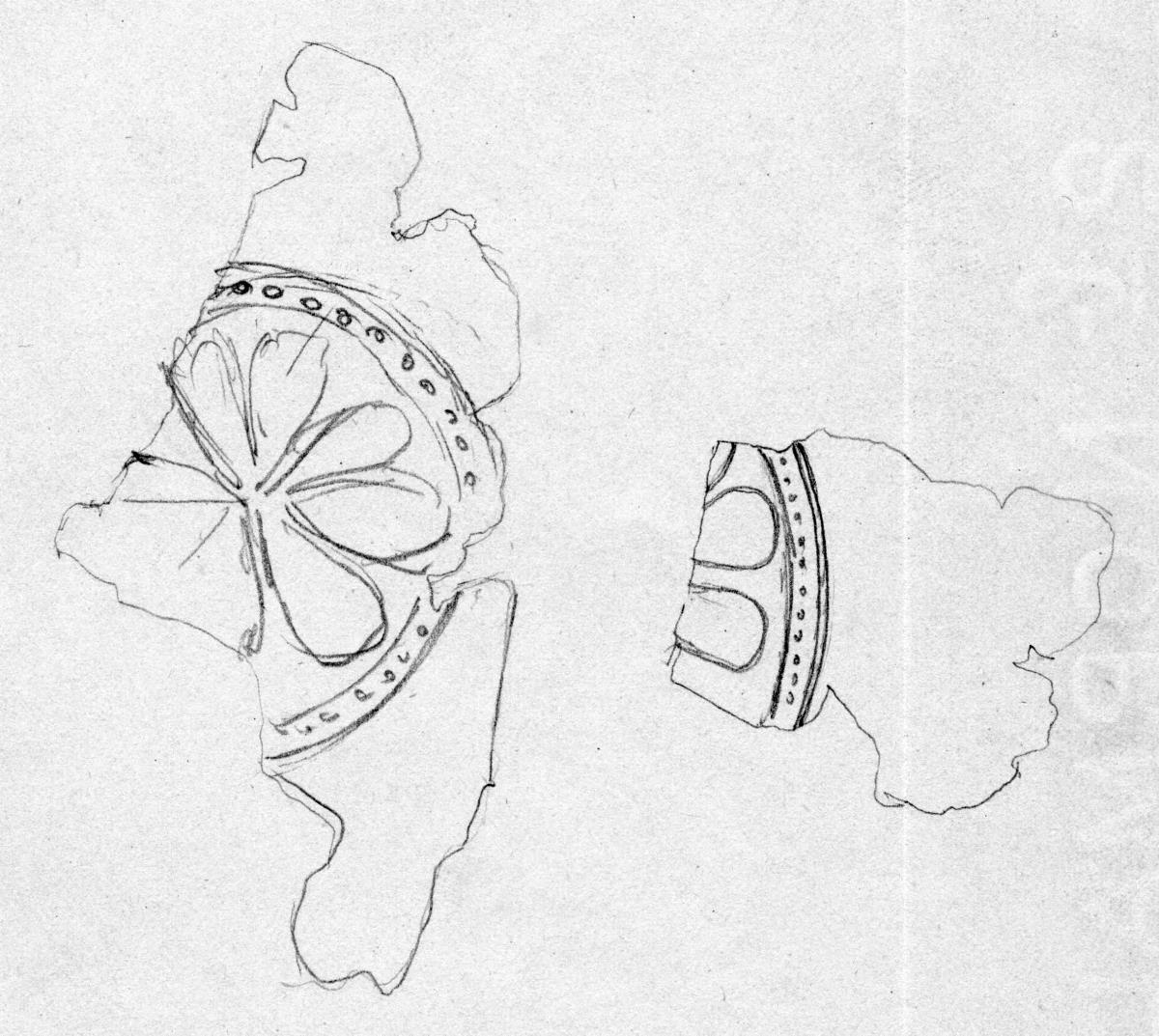 Zwei Fragmente einer Rosette mit zehn (?) Blättern, die von einem Punktkreis eingefasst wird. ...