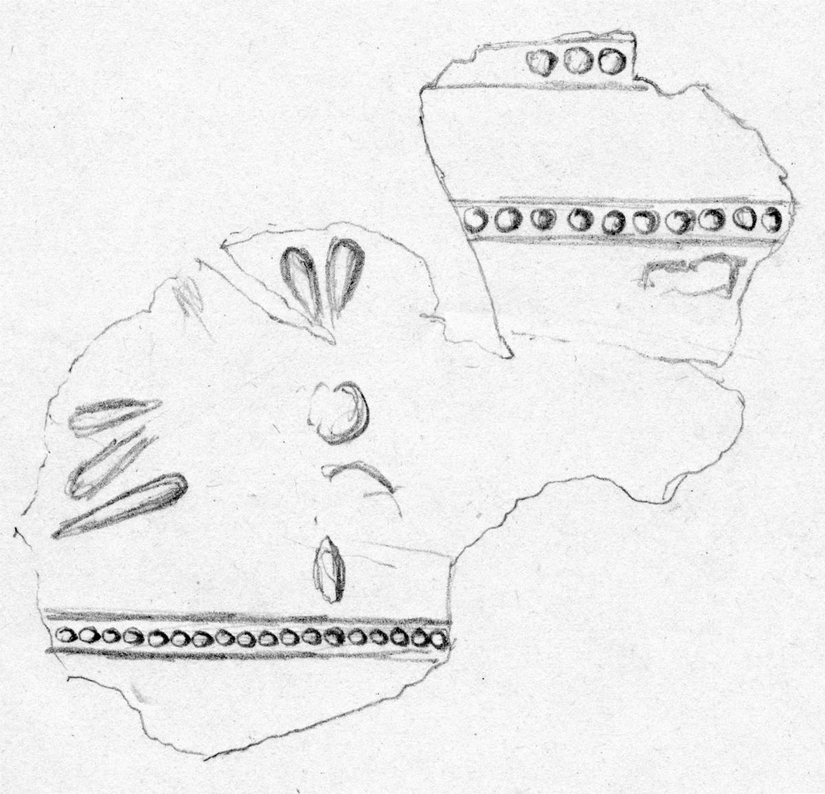Fragment eines Blechs. Die Darstellung scheint rein ornamental gewesen zu sein, ...
