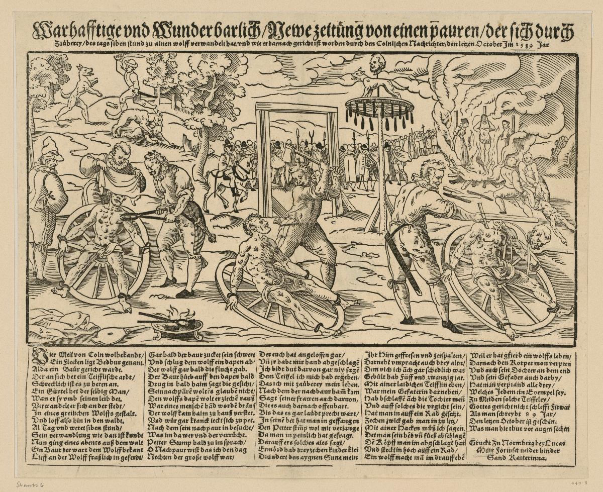 Warhafftige und Wunderbarlich Newe zeitung von einem pauren der sich durch Zauberey des tags siben stund zu ainen wolff verwandelt hat und wie er darnach gericht ist worden durch den Colnischen Nachrichter den letzen October Im 1589 Jar