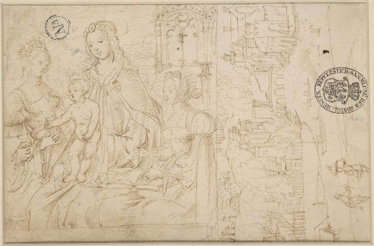 Madonna mit dem Kind und zwei weibliche Heilige; Entwurf eines Renaissancefensters; Landschaftsstudie