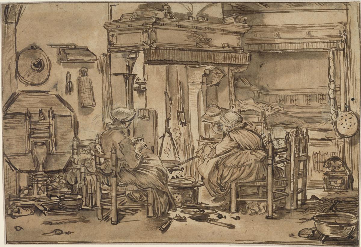 Interieur mit Familie am Kamin