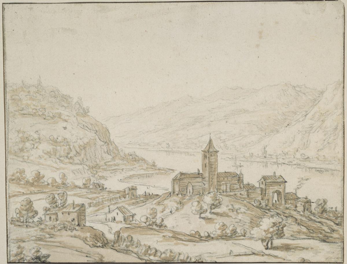 Rheinlandschaft mit Kirche auf einem Hügel