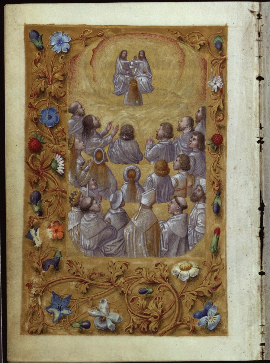 Krönung Mariae, darunter in drei Reihen Apostel, Fürsten und Geistliche, in: Stundenbuch der Maria von Burgund und Kaiser Maximilians