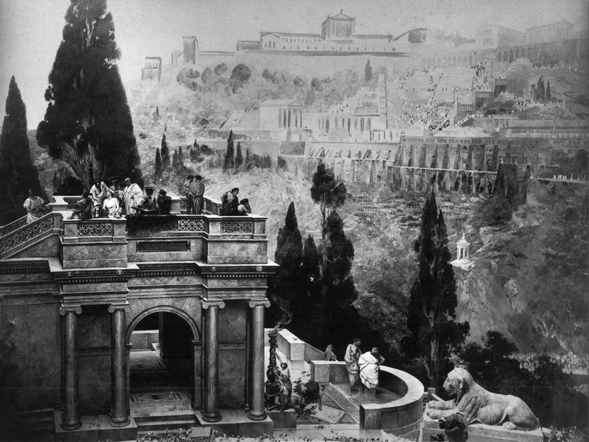 Historisches Foto: Detail aus dem Pergamonpanorama der Jubiläumsausstellung der Berliner Kunstakademie 1886 (Maler: Alexander Kips, Max Koch)