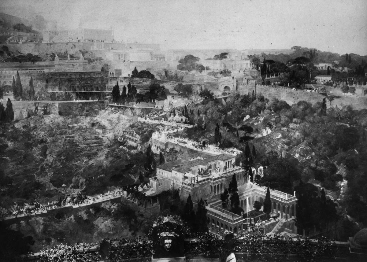 Historisches Foto: Detail aus dem Pergamonpanorama der Jubiläumsausstellung der Berliner Kunstakademie 1886 (Maler: Alexander Kips, Max Koch)