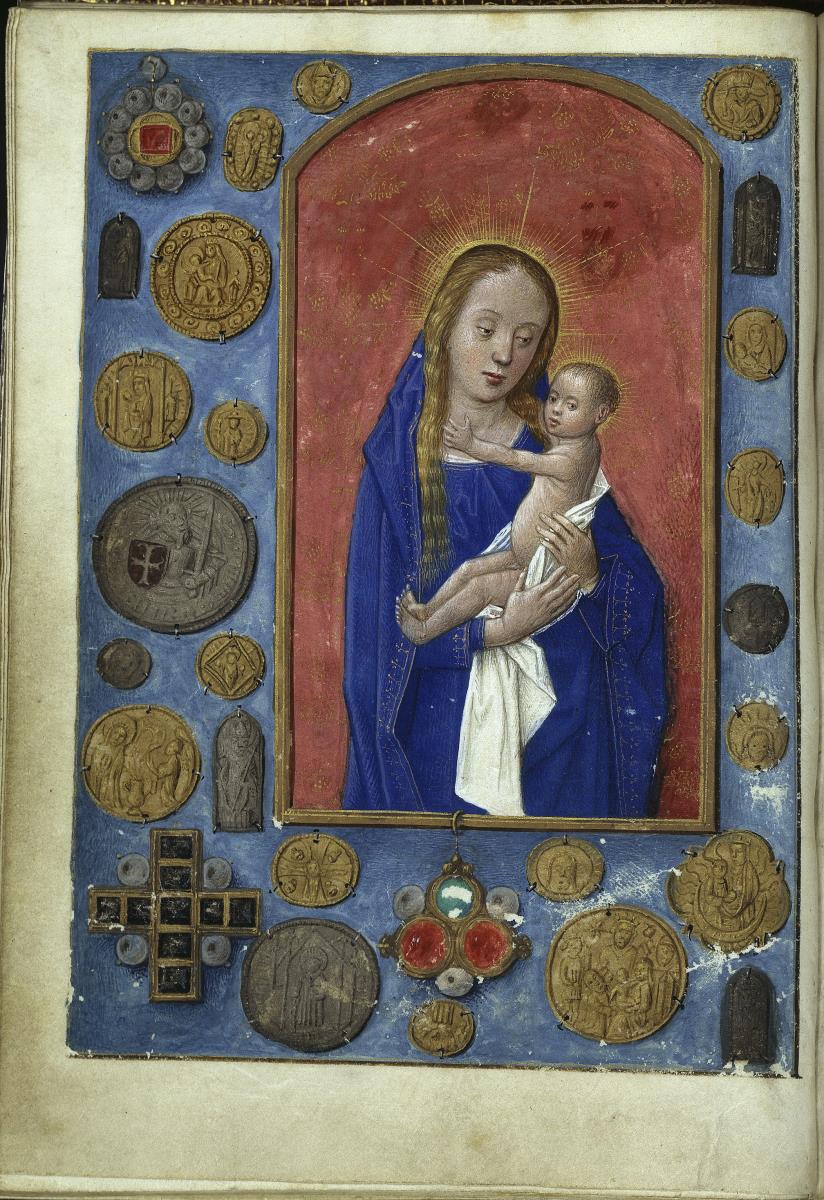 Maria in Halbfigur in einem Gebetbuch