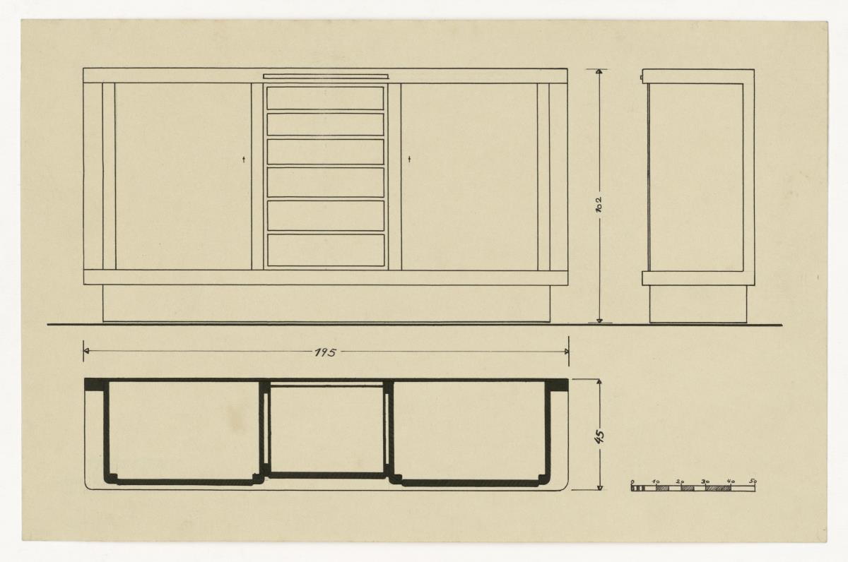 Buffetschrank, verschiedene Ansichten (Möbelentwürfe, Körpermöbel, Schränke)