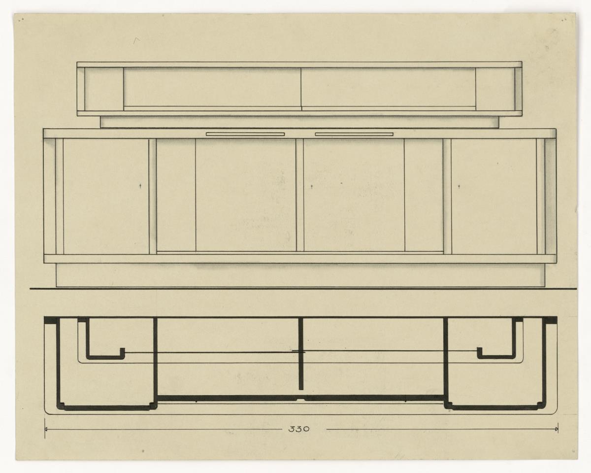 Buffetschrank, Aufsicht und Vorderansicht (Möbelentwürfe, Körpermöbel, Schränke)