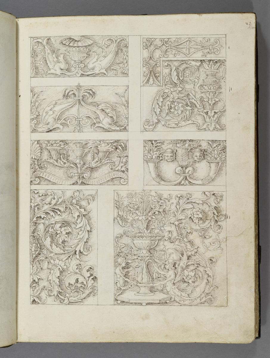 Codex Mantegna, fünf Friesdekore und Rankenornamente