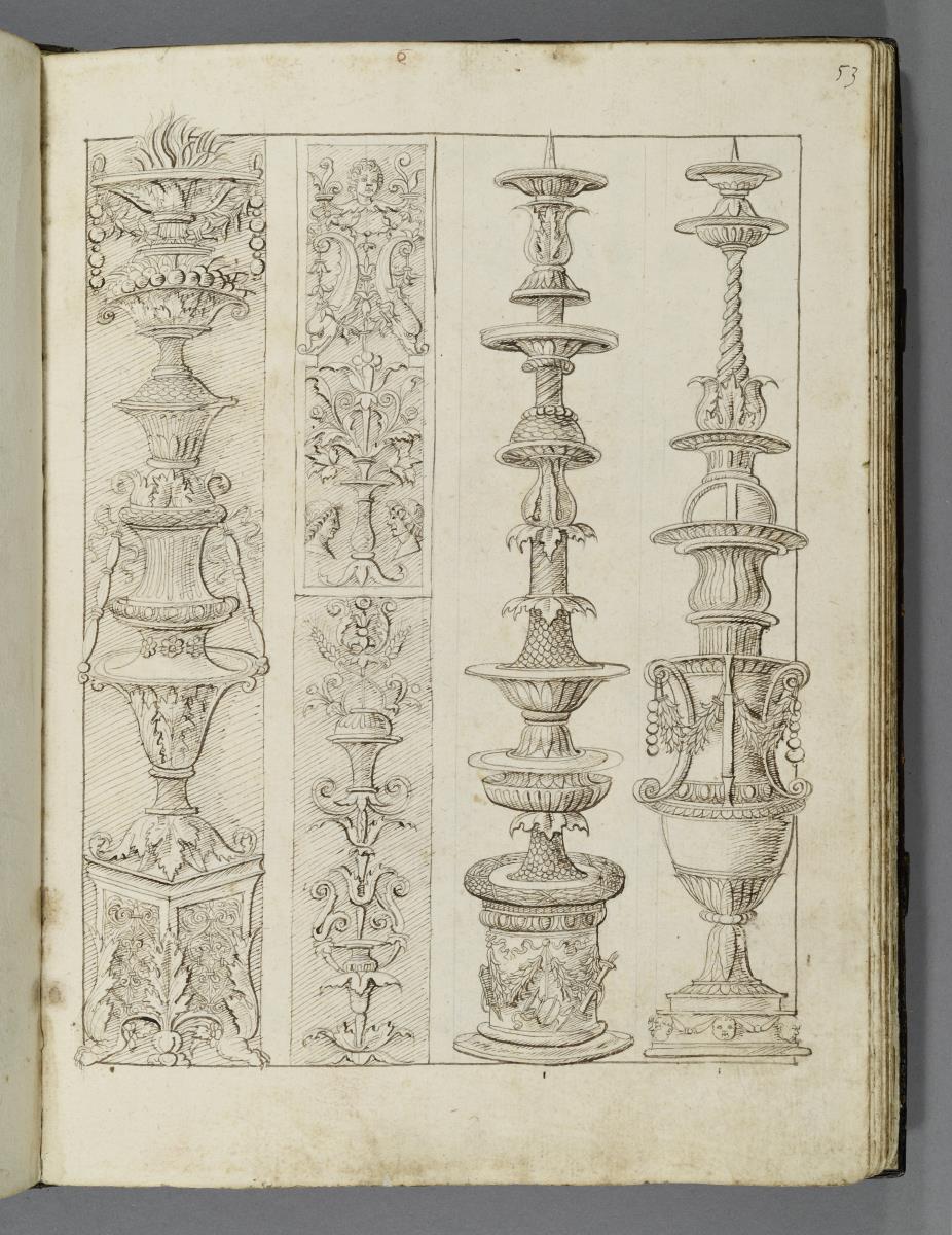 Codex Mantegna, drei Kandelaber, zwei Groteskenornamente