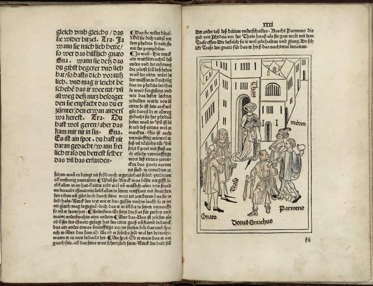 Terentius Afer, Publius: Eunuchus, deutsch. Mit Komm. Ulm: Konrad Dinckmut für Hans Nythart, 1486, Actus 2: Dorus Eunuchus, Thais, Gnato, Parmeno, Morin, Traso