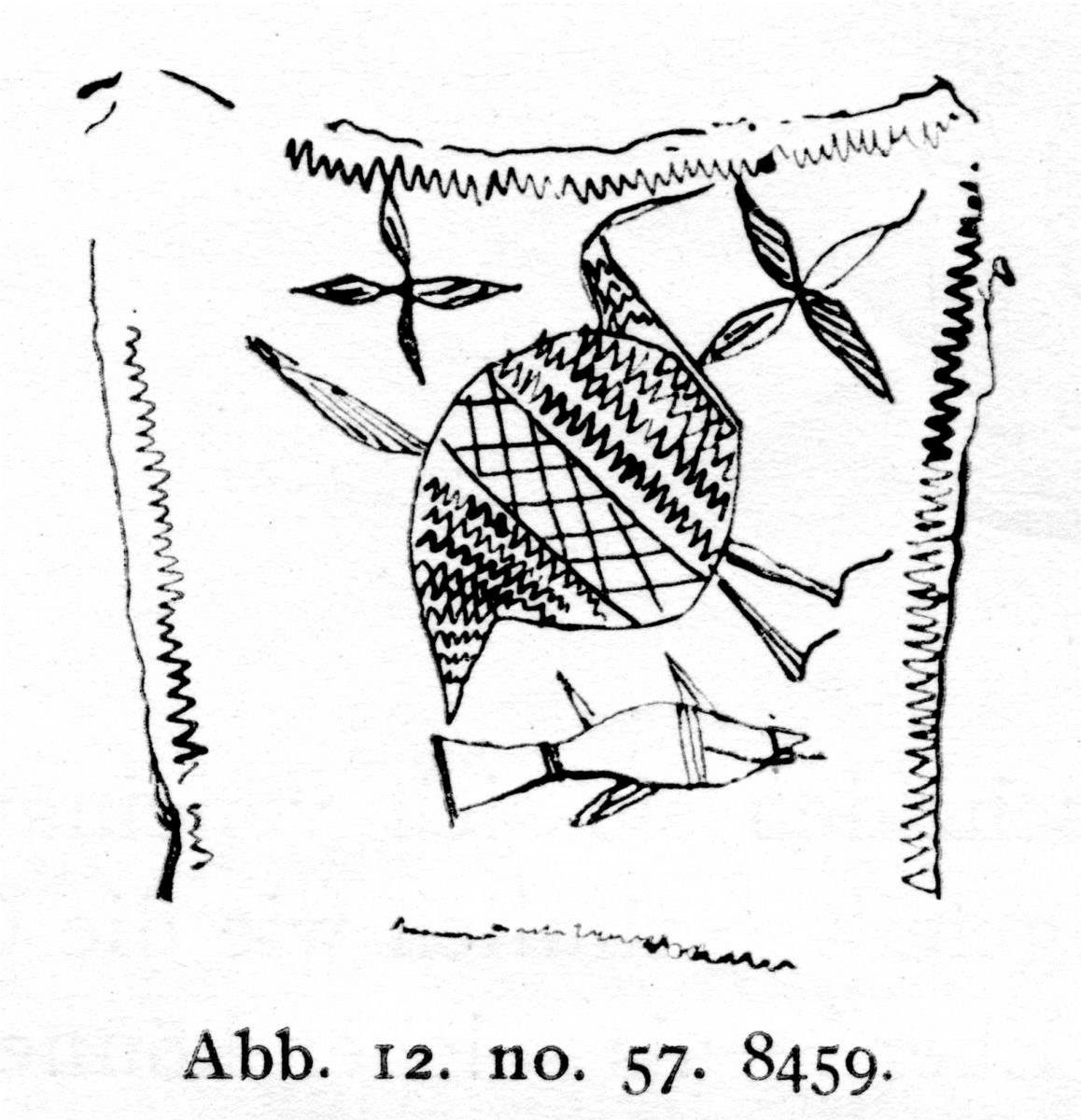 Geometrische Kahnfibel mit rechteckiger Platte mit geometrischer Gravierung (Vögel und Fische)