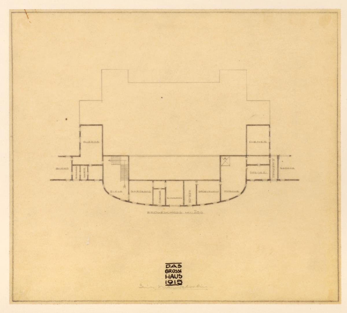 Phantasieprojekt, Privathaus für Erich Mendelsohn (Das große Haus), Grundriß des Erdgeschosses