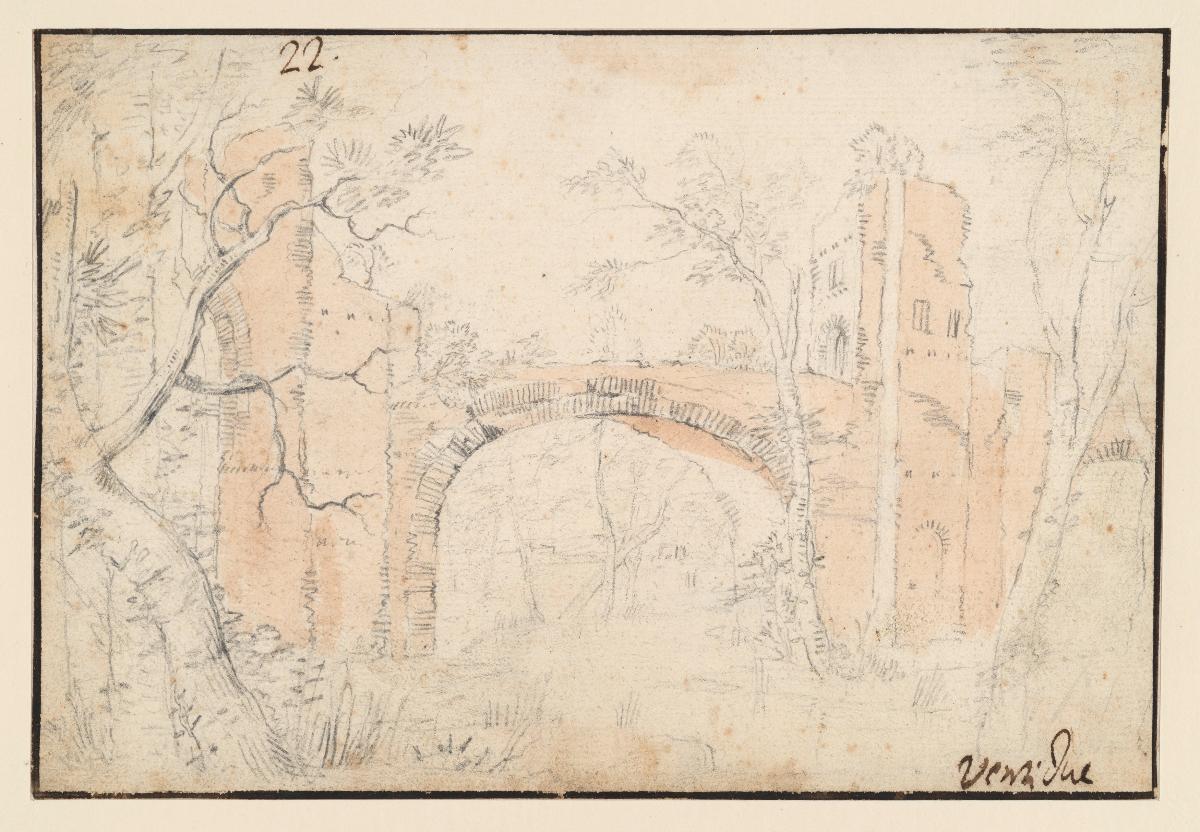 Landschaft mit weitem gemauertem Brückenbogen