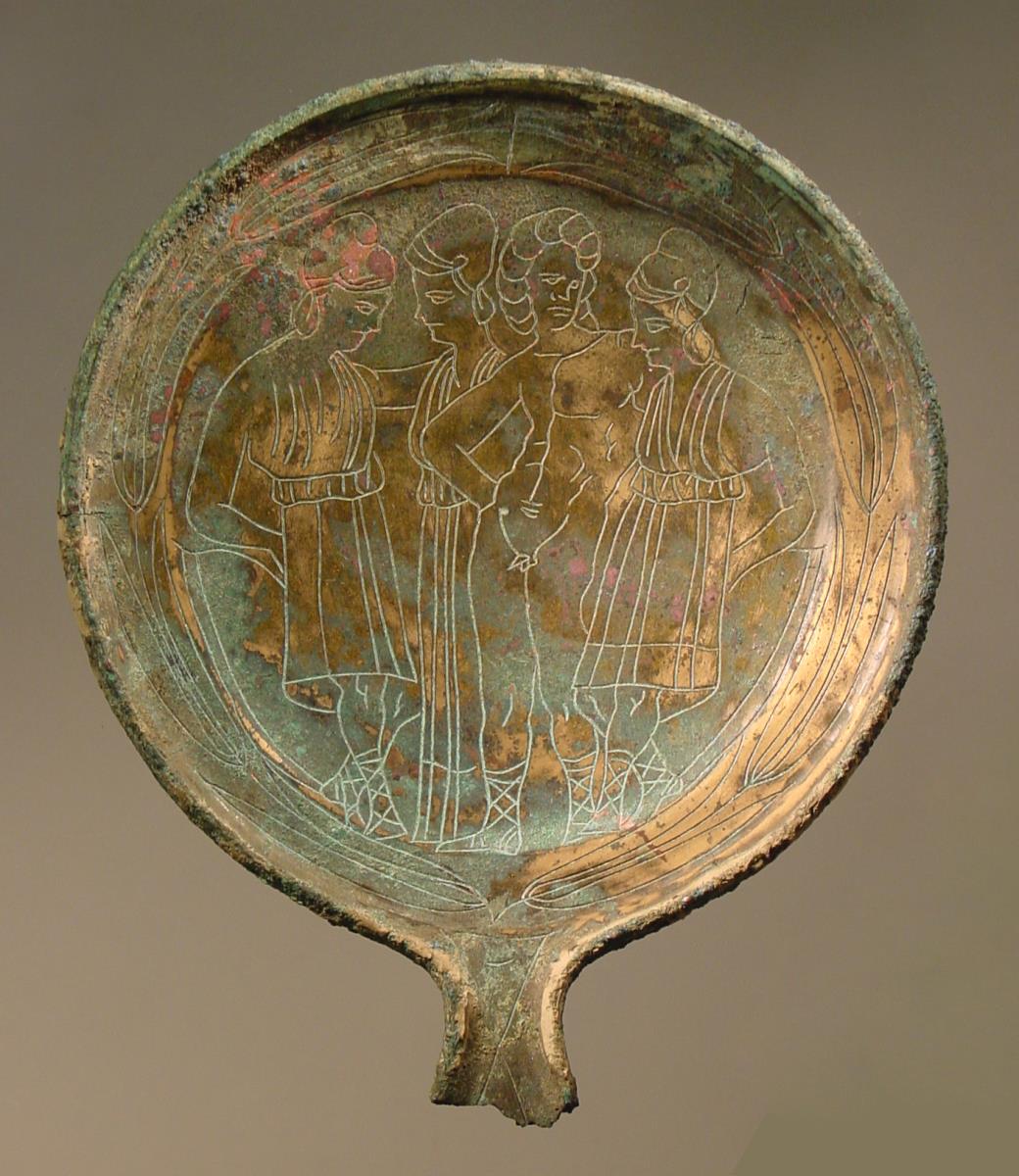 Etruskischer Spiegel mit Dioskuren, Minerva und junger Mann